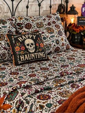Halloween Sugar Skull Sheet Set FULL Dia de los Muertos Floral Boho Gothic NWT